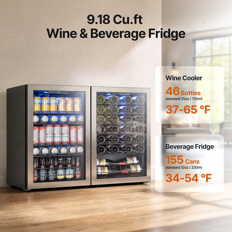 Freeatanding Wine Beverage Cooler Combo 46 Bottle & 155 Cans Wine Beverage Fridge with Reversible Door 3-Color LED Light Adjust Shelves(2 units)