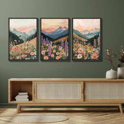 Ensemble de 3 reproductions d'art sur toile Floral Mountain Landscape