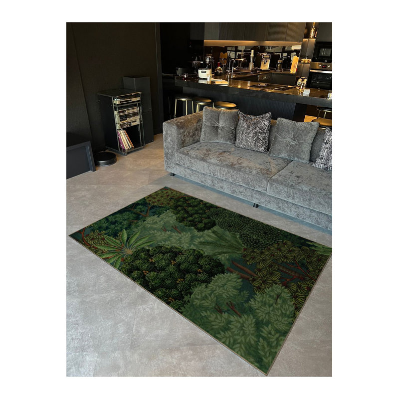 Tapis décoratif moderne à motif vert à motif d'arbres mixtes, Sous-tapis rectangulaire de 3 pi 3 po x 4 pi 11 po