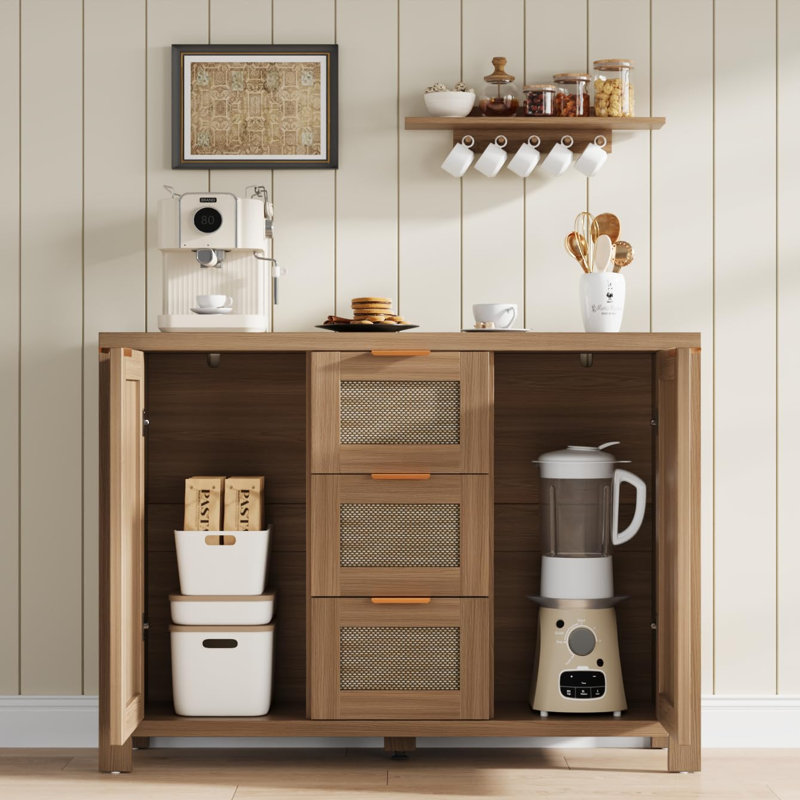 Rattan Buffet Sideboard with 3 Drawers - Boho Coffee Bar Cabinet with Adjustable Shelf, Modern Kitchen Accent Storage Credenza for Dining Room, Living Room & Entryway, Light Oak