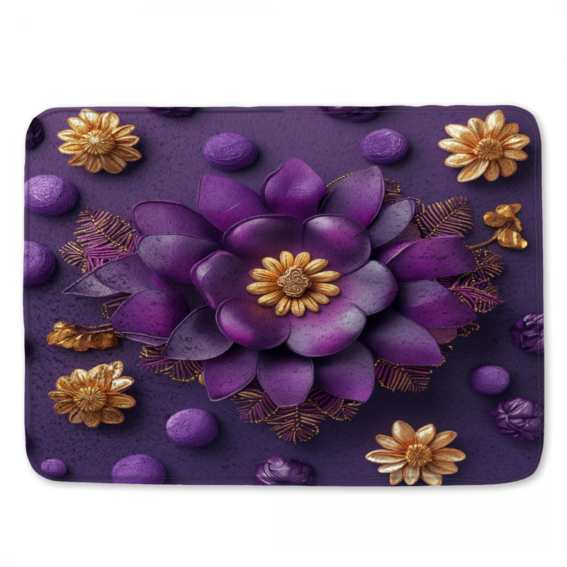 Tapis de bain à motif floral mauve et doré, L 34 po x L 21 po