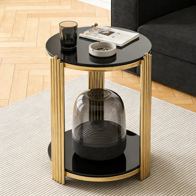 Table de bout moderne 16,9 po - Verre trempé double couche et structure en acier inoxydable doré, table d'appoint de salon