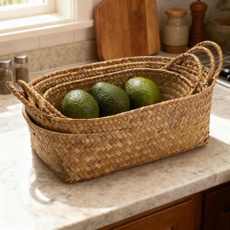 Seagrass Storage Baskets With Handles, Stackable Woven Organizer Set Of 3, Natural Rattan Shelf Bin For Home Office Organization