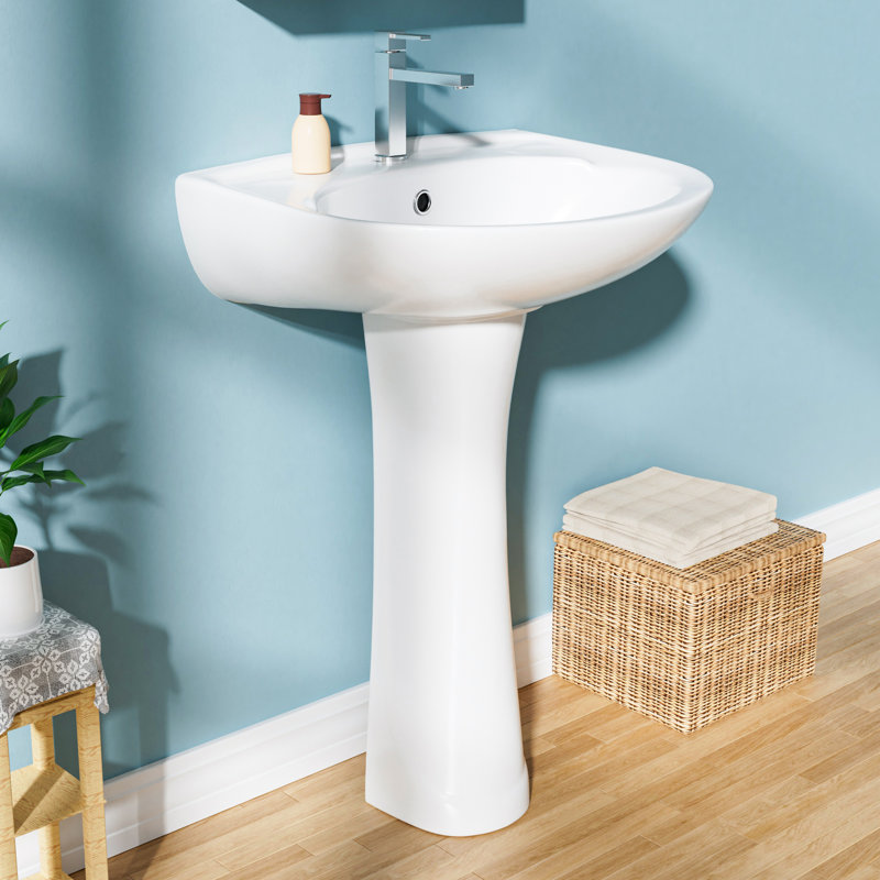 Lavabo sur pied en porcelaine vitrifiée en forme de U l 21 po x P 19 po, 1 trou de robinet et trop-plein, blanc, Blanc