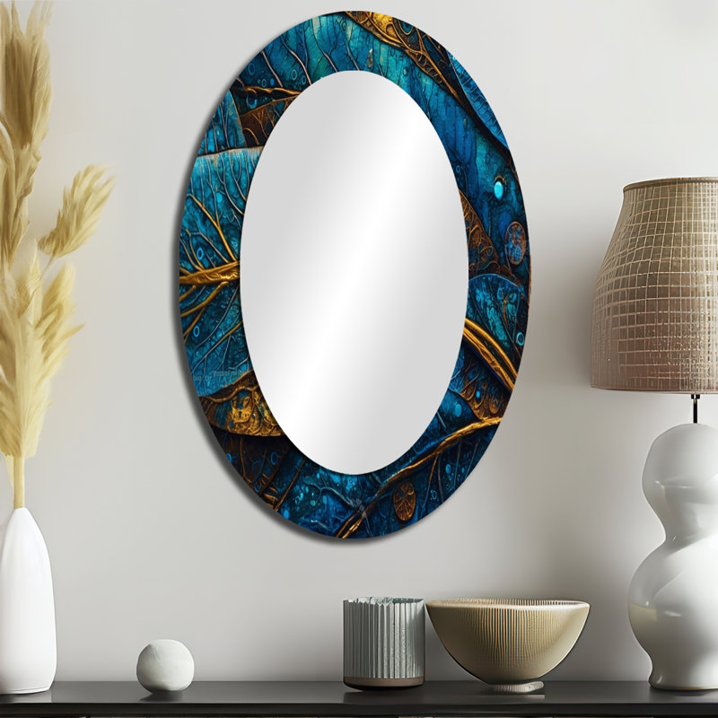 «Rahab Blue and Gold Melody Of Boho I», miroir décoratif en plumes Boho, miroir mural traditionnel, impression d'art en métal