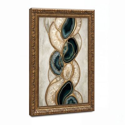 Teal and White Geode Agate Crystals with Gold Outline Canvas Wall Art