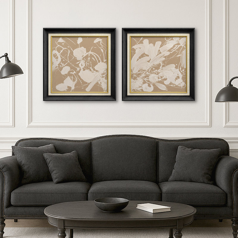 «Beige et blanc» abstrait, coup de pinceau abstrait - art mural encadré en papier dans la chambre principale, 2 pièces