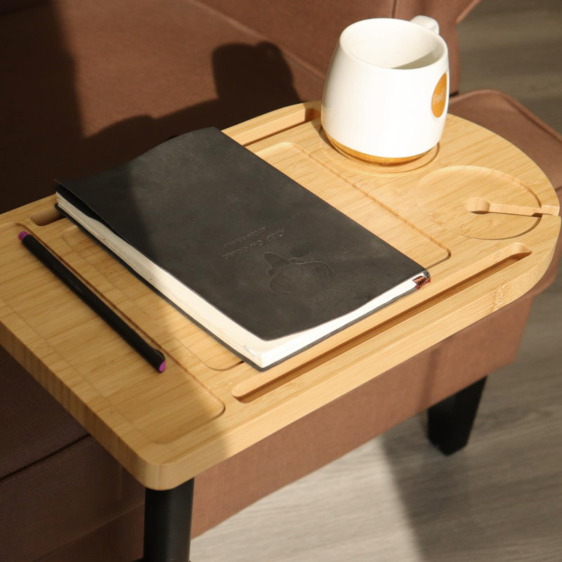 360° Rotatable Sofa Tray Table For Couch Arm, Height Adjustable End Table For Bed Or Chair With Phone & Tablet Slots, TV Tray Table