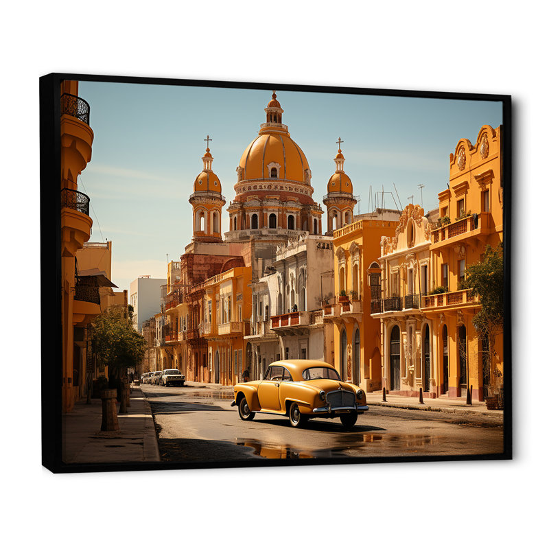 Architecture coloniale jaune de Cuba I, H 16 po x l 32 po x P 1 po, Cadre flottant noir