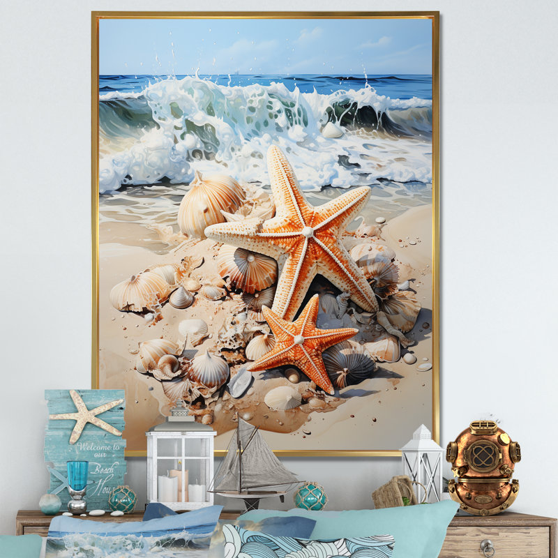 Étoile de mer sur la plage I - art mural bord de mer tropical, H 20 po x l 12 po x P 1 po, Cadre flottant doré