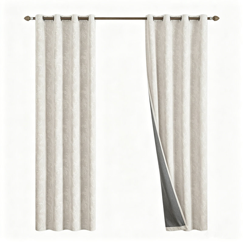 Elegant Beige Floral Jacquard Blackout Curtains - Room Darkening & Insulated 132x213 cm (2 Panels)