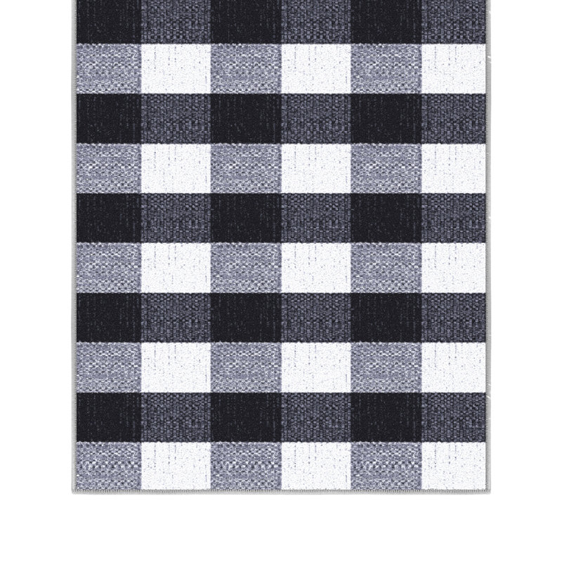 Homeline Non-Slip Rubberback Checkered Buffalo Plaid Indoor Runner Rug, Grayscale, Runner 7'10" x 15'