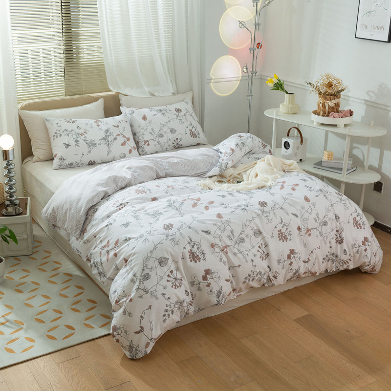  Ensemble de housse de couette en coton floral, Housse de couette simple et deux taies décorative, Floral blanc