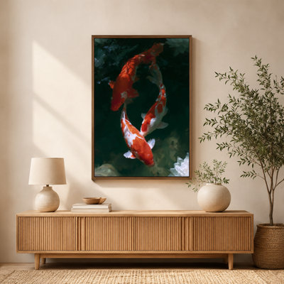 Koi & Lotus Serene Pond Canvas Wall Art with Floating Frame, Ready to Hang