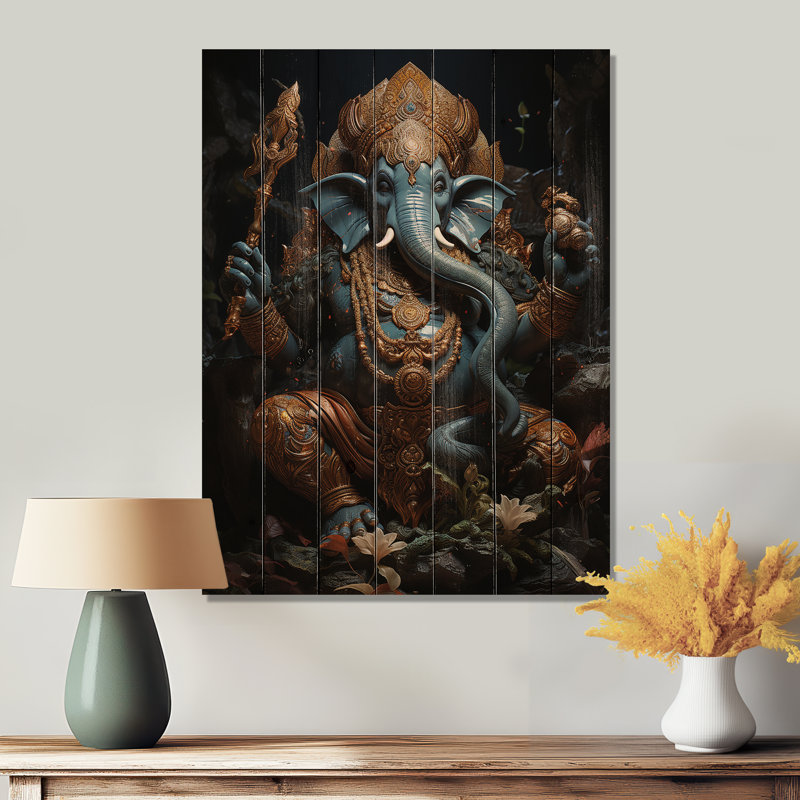 Art indien bleu sarcelle Ganesha mystique sur bois, H 32 po x l 24 po x P 0,78 po