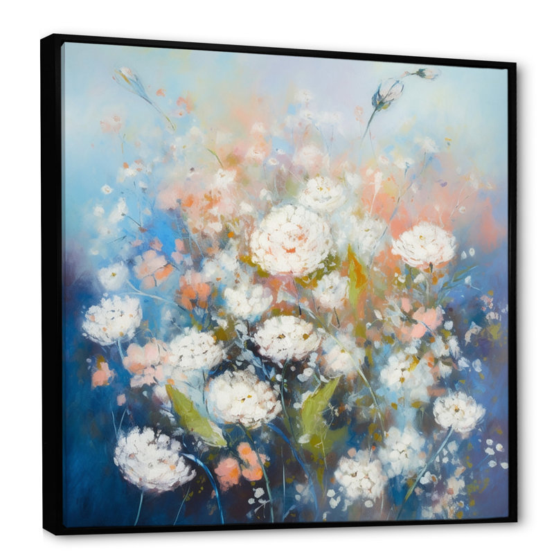 Rongstad, œillets bleus et blancs sur toile, H 16 po x l 16 po x P 1 po, Cadre flottant noir