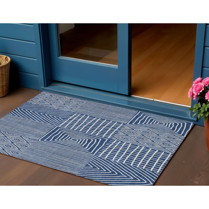3' X 5' Navy Blue And Ivory Geometric Washable Indoor Outdoor Area Rug