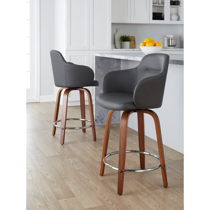 Boyne Swivel Upholstered Counter Stool, Gray, Walnut/Chrome