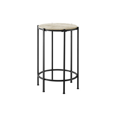 Accent Table, End, Round, Side Table, Small, Lamp, Living Room, Bedroom, Nightstand, Cream Stone Laminate, Black Metal, Contemporary