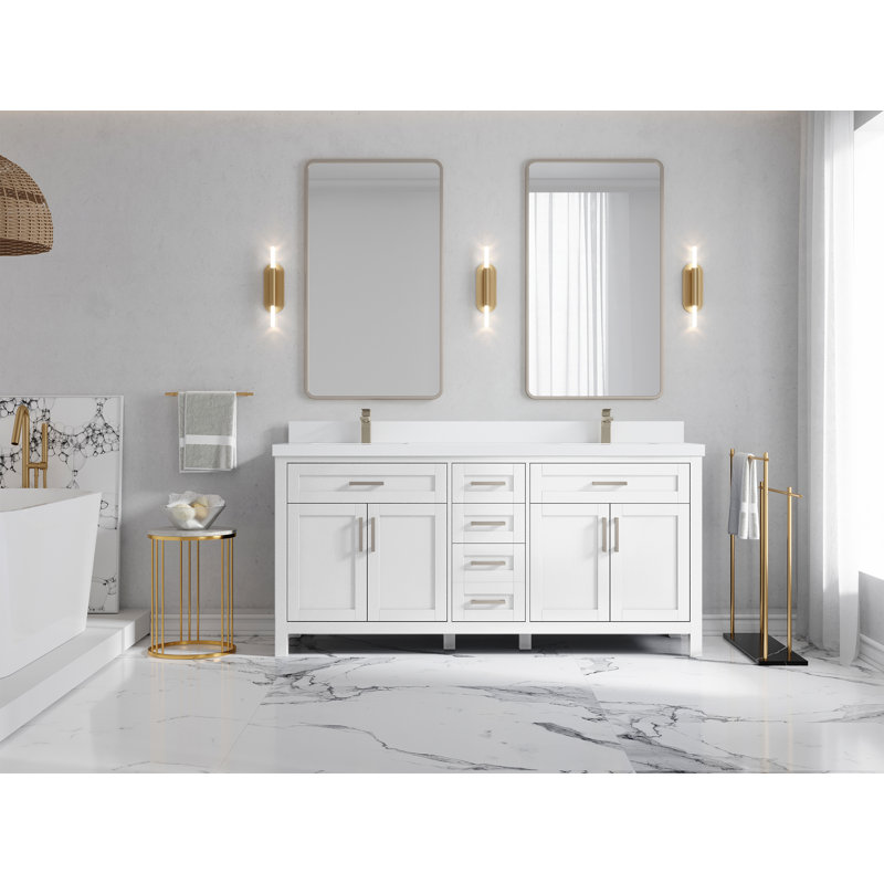 White Solid Wood Double Sink Freestanding Bathroom Vanity with Quartz Top
