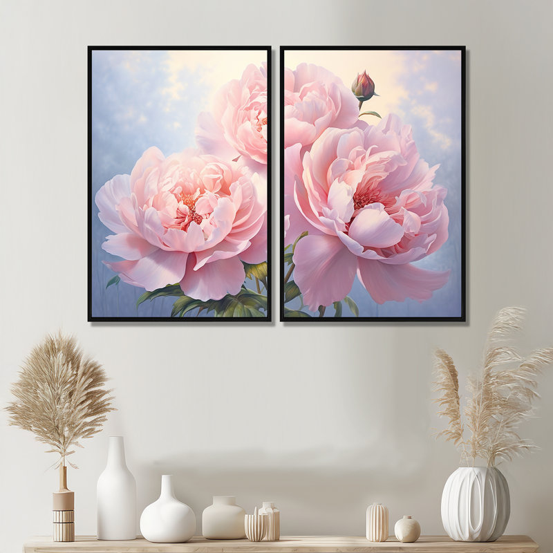 «Pink Peony Perfection II», art mural sur toile rose, 36" H x 48" W, Impression encadrée flottante, Black