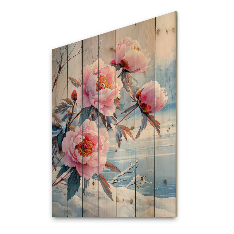 Peonies Near The Frozen Lake II - Peonies Wood Wall Art - On Natural Pine Wood, 20" H x 10" W x 0.78" D