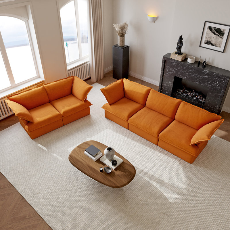 Ensemble de salon modulaire 2 pièces avec canapé à housse modulaire, Orange, Velours