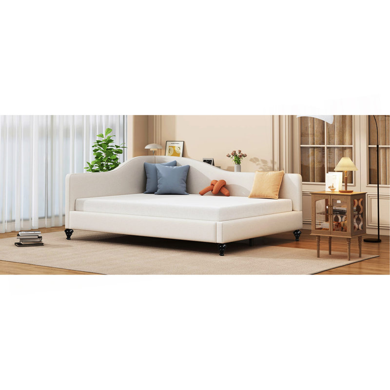 L-Shaped Linen Daybed, With Solid Wood Legs, Beige, Full/Double
