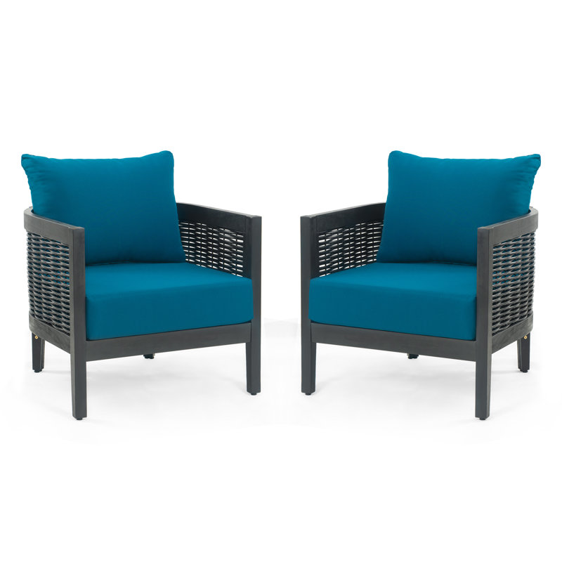 Fauteuils club d'extérieur en bois d'acacia avec coussins Boling, Dark Teal Polyester Cushion/Black Frame