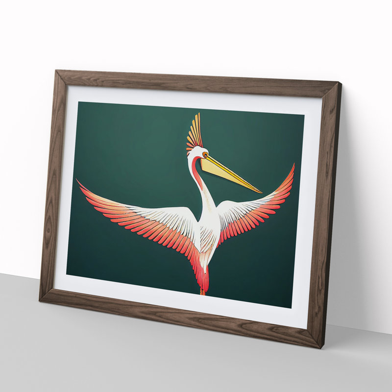 Retro Pelican - Single Picture Frame Painting, 34cm H x 46cm W x 2cm D, Walnut Framed
