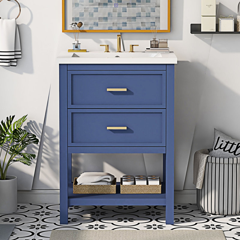 Meuble-lavabo de salle de bain avec lavabo supérieur, Bleu