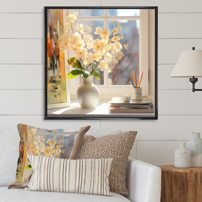 Impression de fleurs d'orchidées impressionnistes dans un vase ensoleillé sur toile