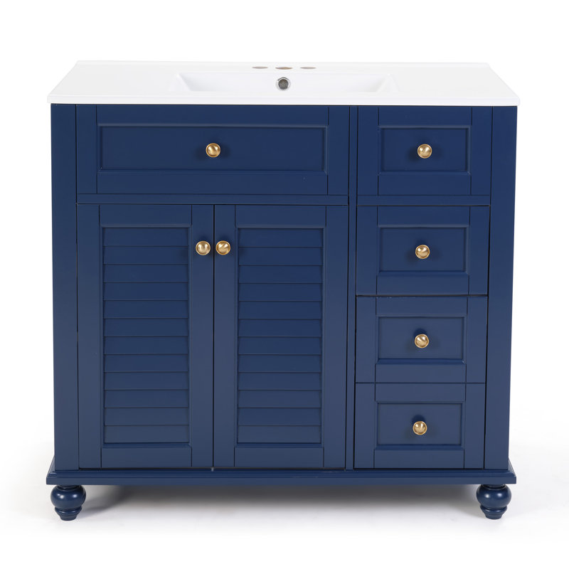 Bathroom Vanity with Sink, Wood Frame Bathroom Vanity with Soft-Close Drawers, Blue