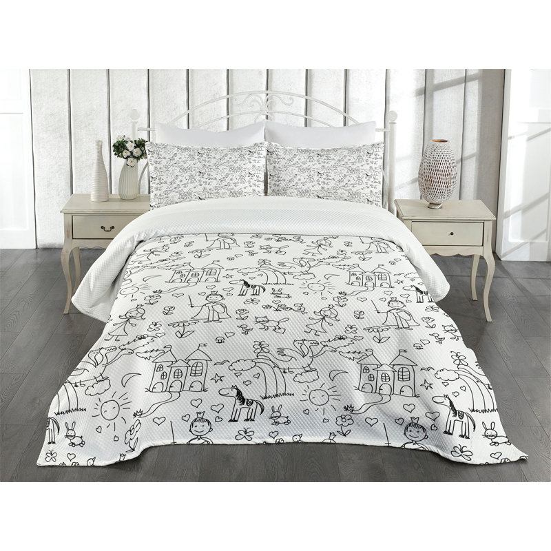 White Quilted Cartoon Bedspread Set with Pillow Shams