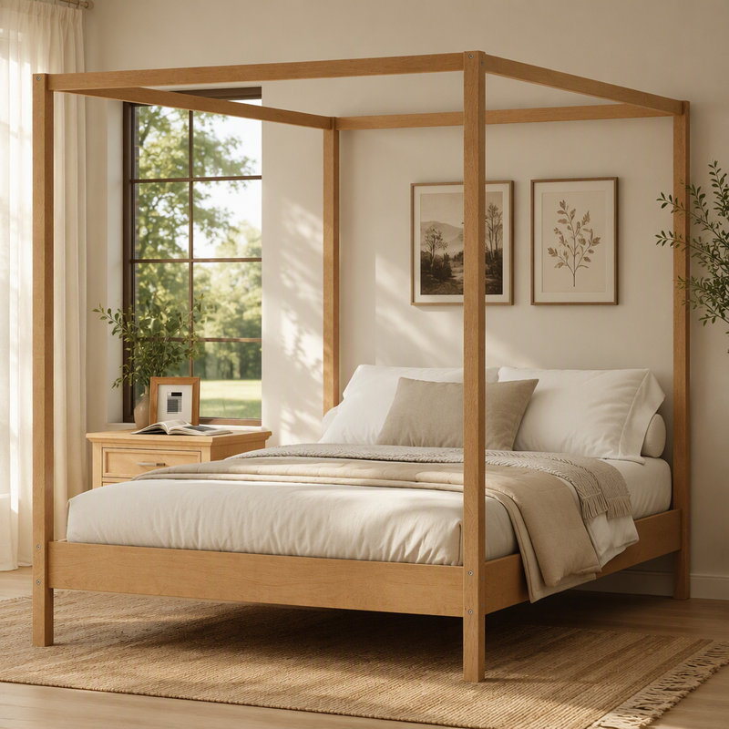 Solid Wood Queen Size Canopy Bed Frame Four Poster Platform Bed with Slats Support, No Box Spring Needed