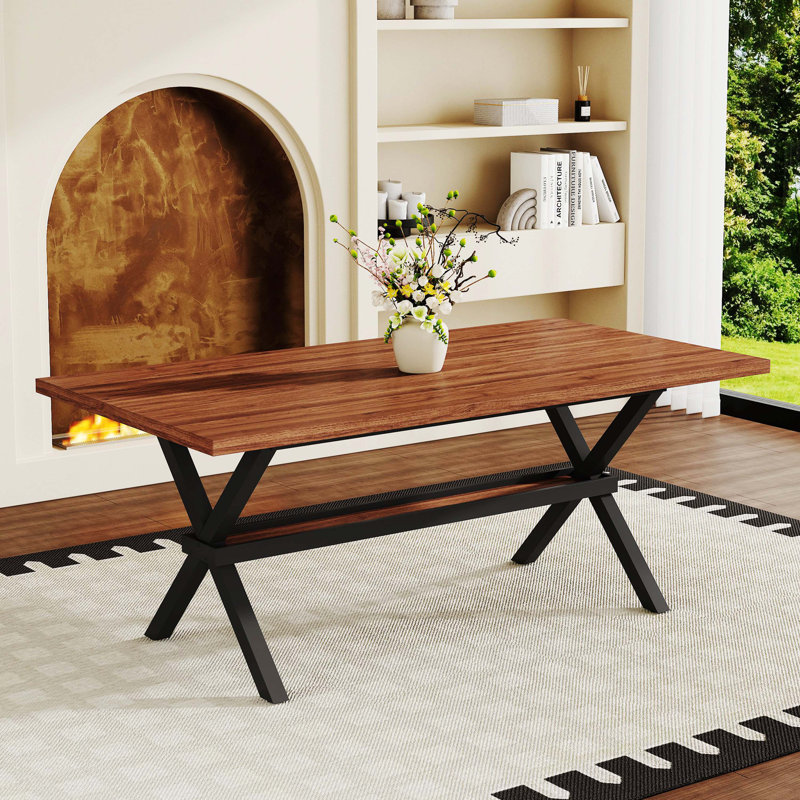 Table de salle à manger 71 po x 35,4 po en bois de noyer épissé, structure industrielle en forme de X pour 6 à 8 personnes