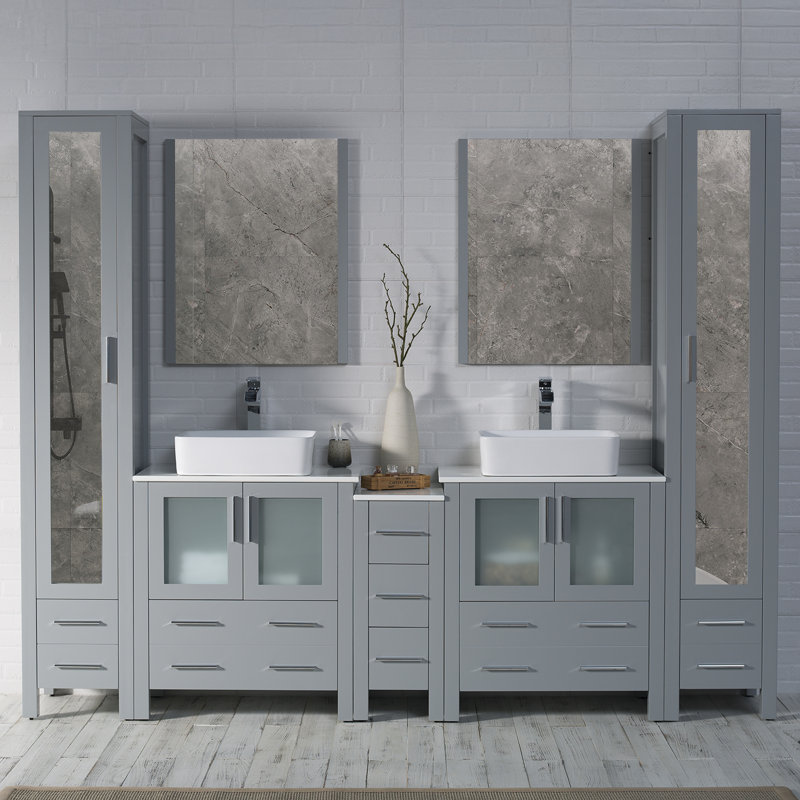 Mance 102" Double Bathroom Vanity Set with Mirror & Linen Closet, Metal Gray