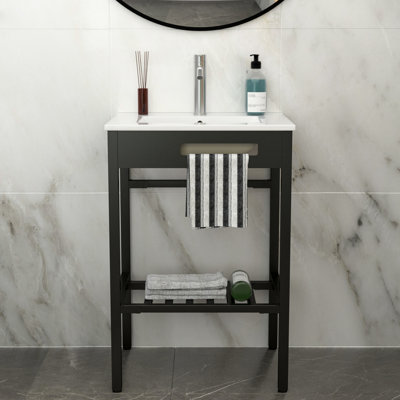 Lavabo console de salle de bain en céramique 24 "x 18" avec trop-plein et support noir, teinture hygiénique, faible absorption d'eau, fixation murale pour maximiser l'espace au sol Lavabo blanc, trop-plein, construction, facile