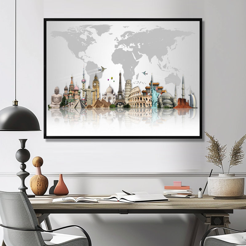 « Famous Monuments Across World », reproduction d'art graphique, Reproduction avec cadre flottant, H 30 po x l 40 po, Noir