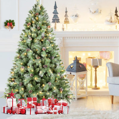 Arbre de Noël artificiel 9 pi avec 122 pommes de pin, 2518 branches, 700 lumières chaudes et base en métal, arbre de Noël réaliste avec lumières