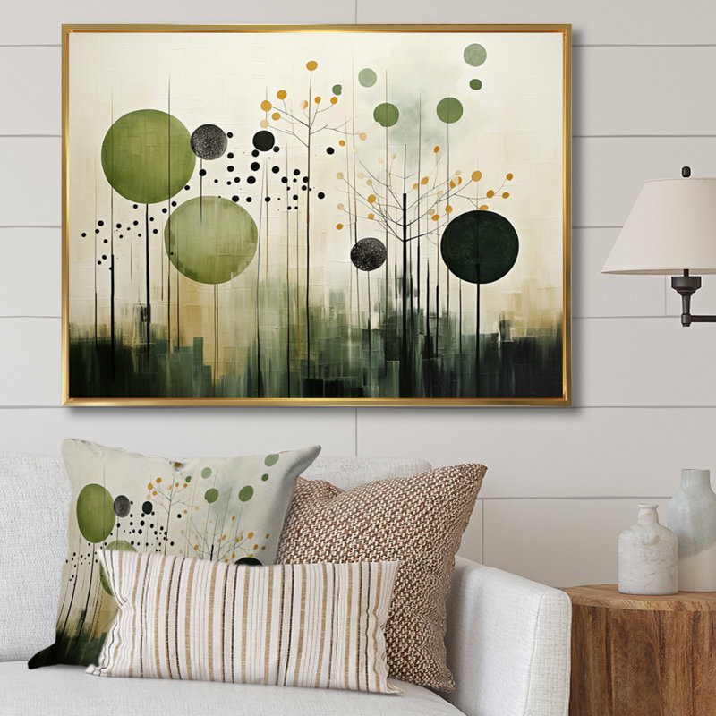 Vert, beige, scandinave moderne scandinave I - art mural moderne-scandinave, H 12 po x l 20 po x P 1 po, Cadre flottant doré