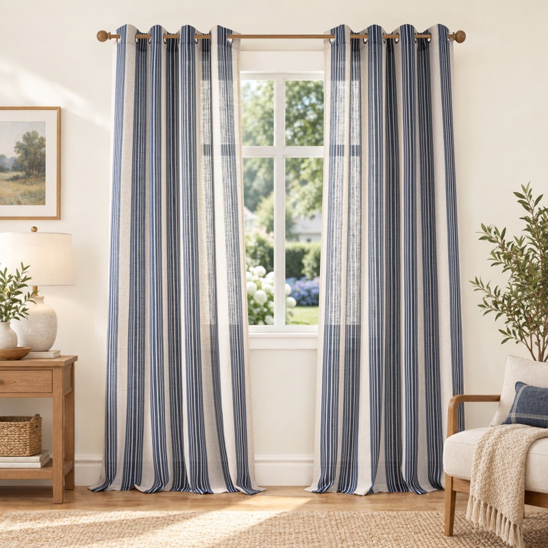Semi Sheer Grommet Linen Chris Stripe Patterned Curtains, Dark Navy, 52" W x 84" L