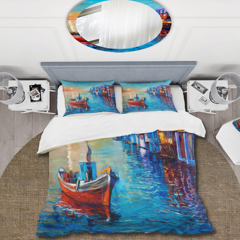 Bateaux reposant sur l'eau près de Coastal Town I - Ensemble de housse de couette nautique - Polyester en microfibre