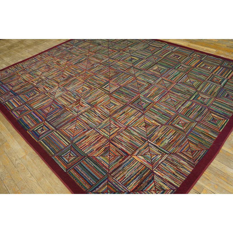 Colorful Geometric Log Cabin Squares Antique American Hooked Rug