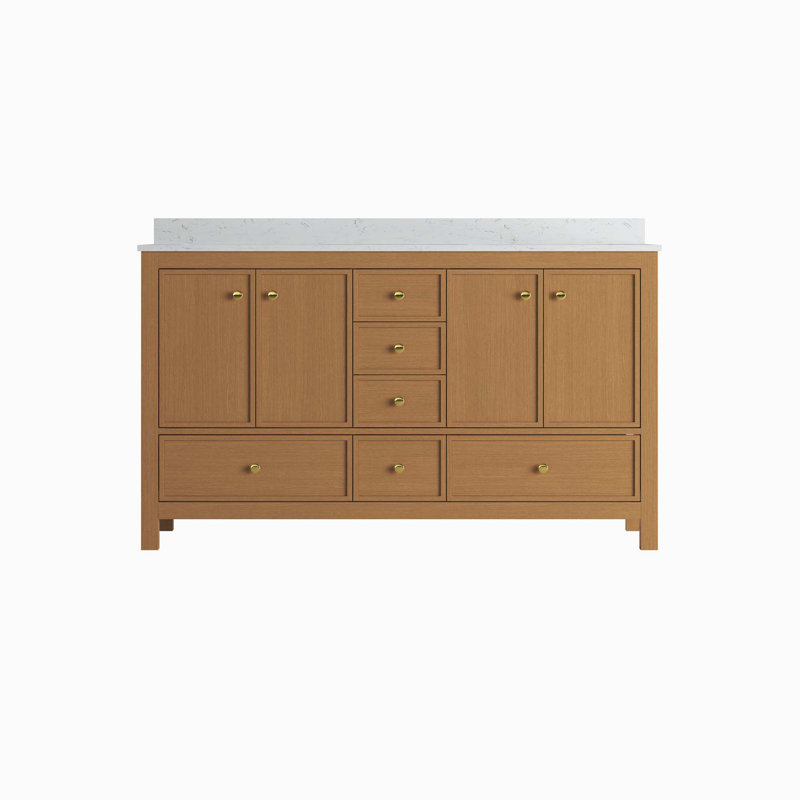 Meuble-lavabo double avec portes et tiroirs, Chêne, 59"