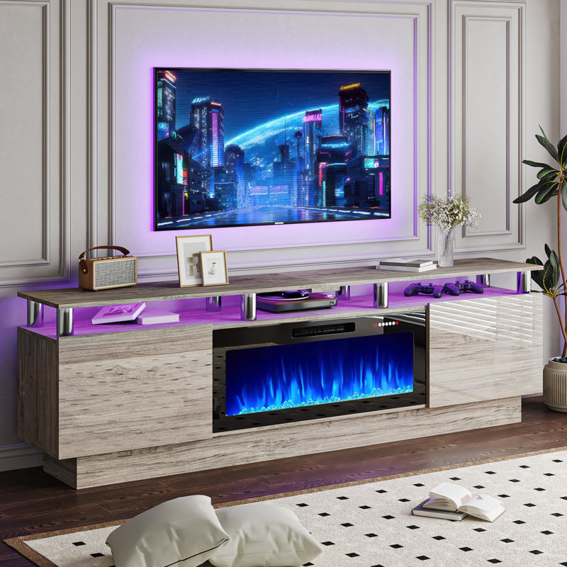 Meuble télé avec foyer électrique Alazik, Gris/argent, Noir, 24”H x 14”L x 80”W