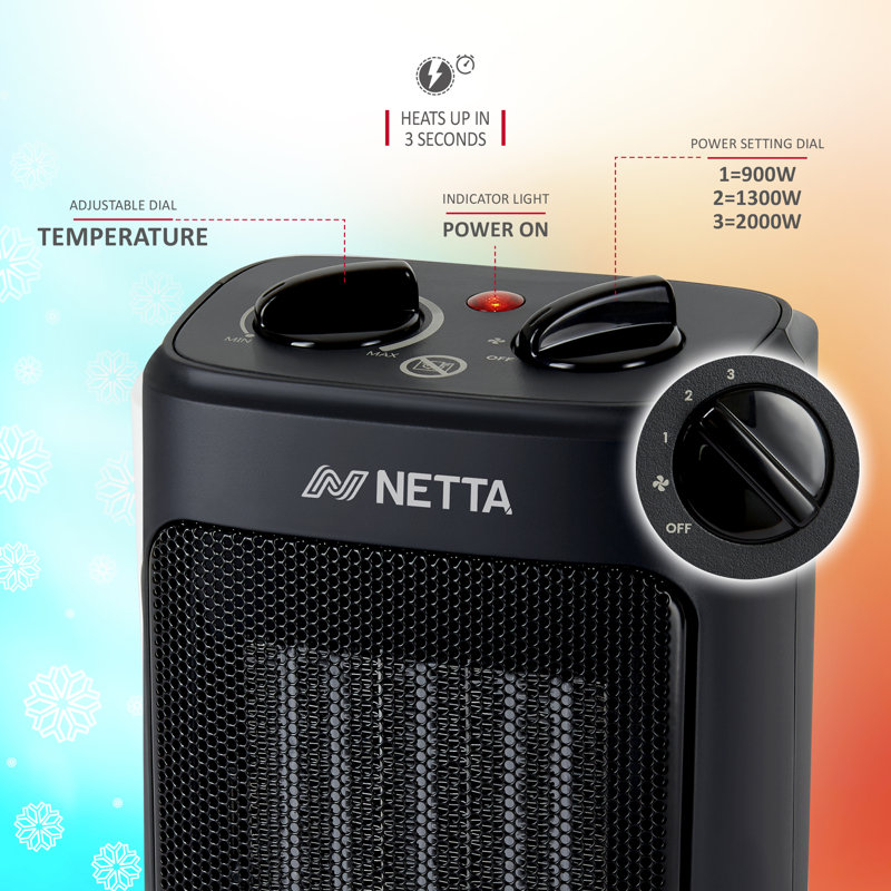 NETTA 2000W Mini Fan Heater with Adjustable Thermostat, 3 Heat Settings & Carry Handle, Black