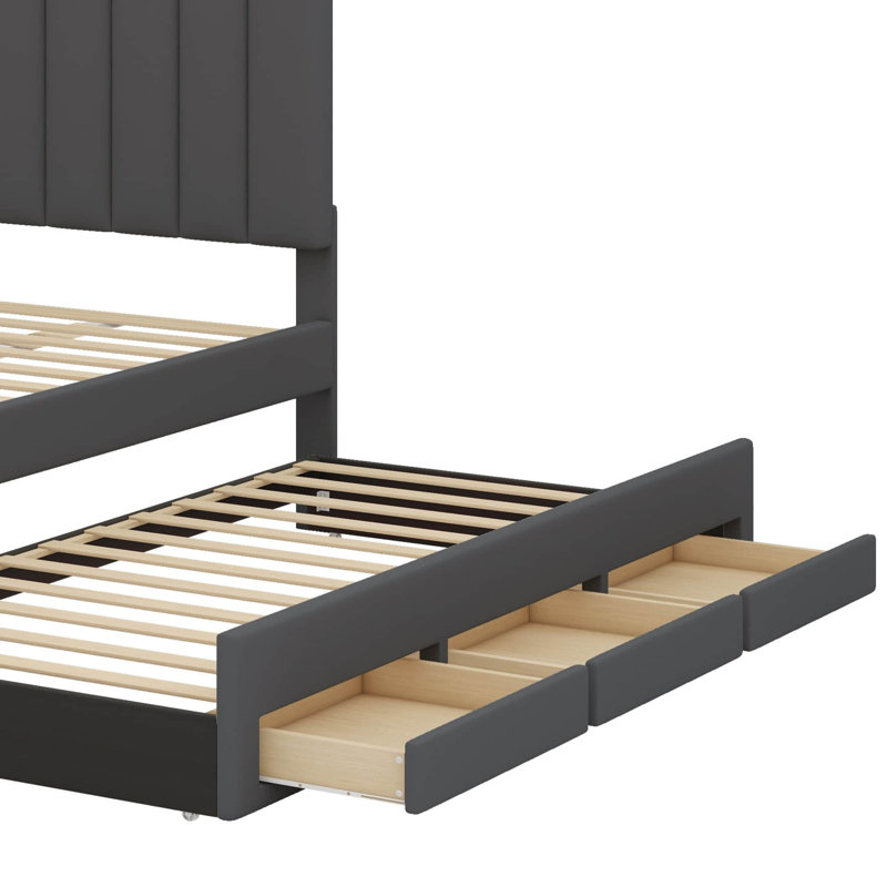 Lit plateforme tapissier avec lit gigogne escamotable, 3 tiroirs et tête de lit élégante en lin, Gris
