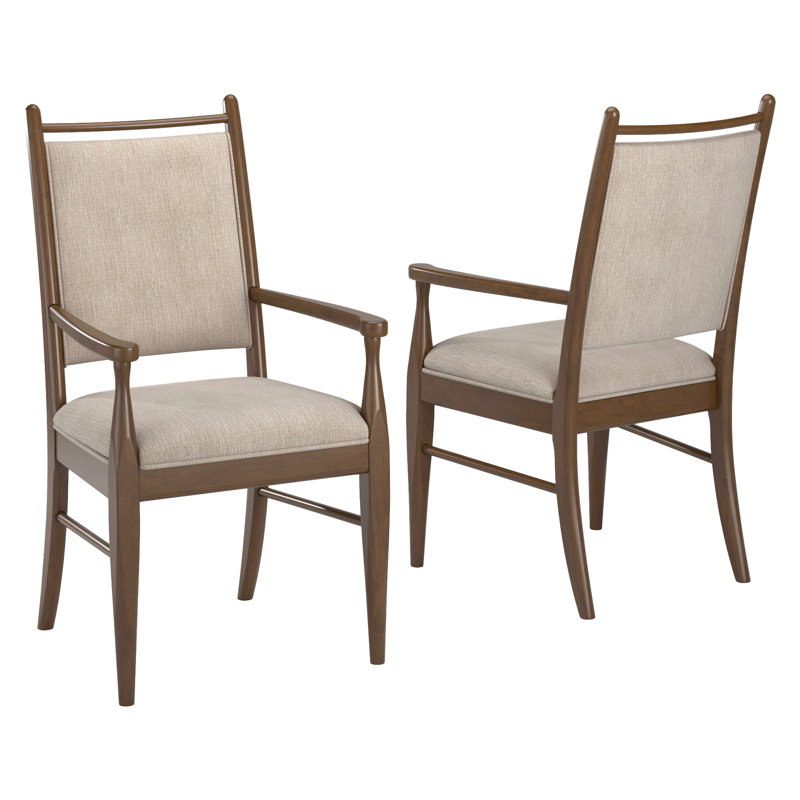 Cipolla Wood Finish Beige Fabric Arm Chair, Brown Wood