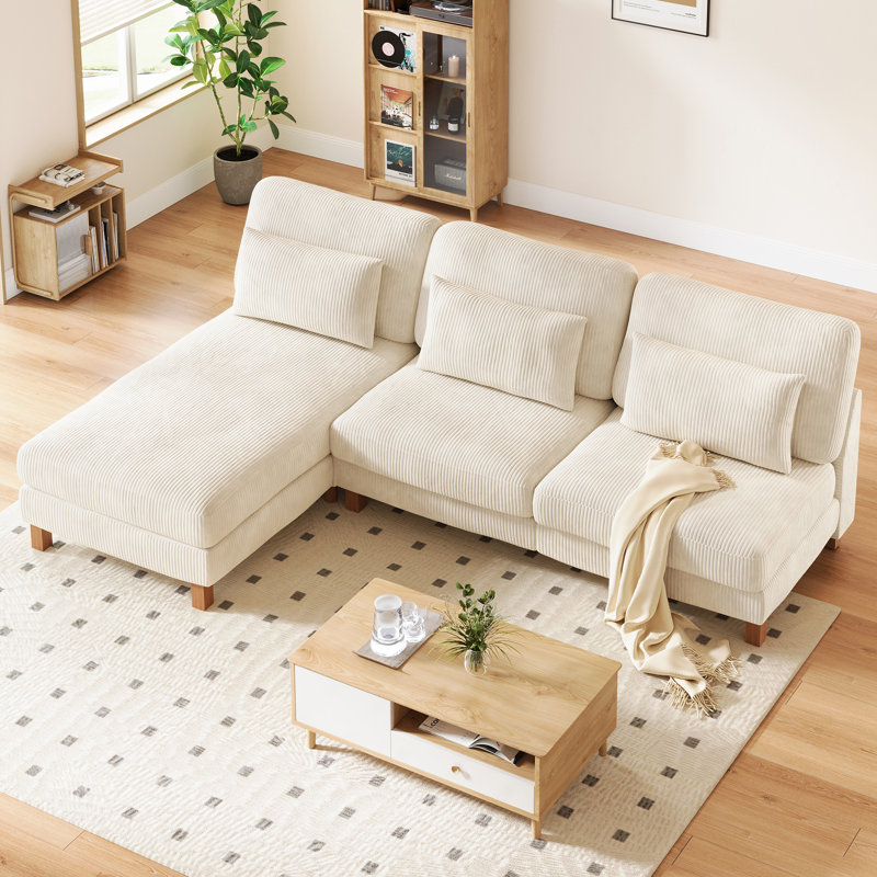 Modern 100" Corduroy Armless Modular Sofa With A Chaise Longue, Beige Corduroy